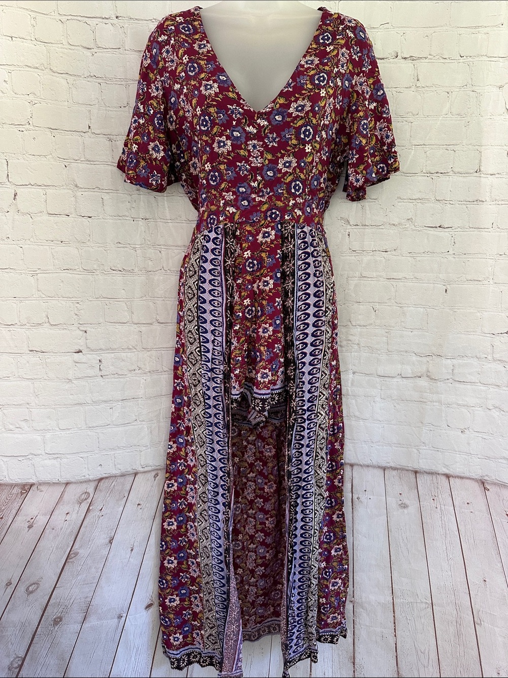 Miami Floral V-Neck Romper with partial Maxi Skirt covering in Burgundy L